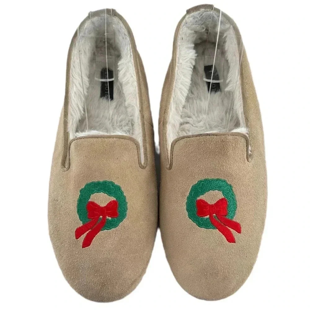 Talbots womens slippers size 7 tan suede festive wreath holiday Christmas